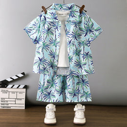 Boys Printed Short Sleeves Pure Cotton T-shirt And Shirt With Shorts