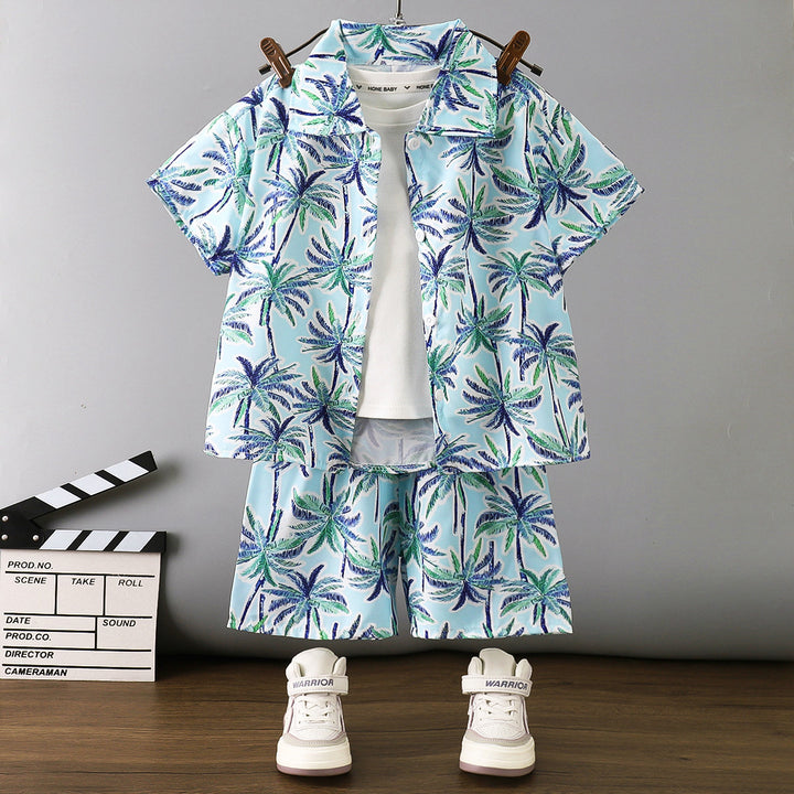 Boys Printed Short Sleeves Pure Cotton T-shirt And Shirt With Shorts
