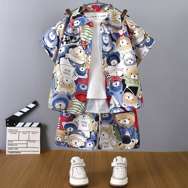 Boys Printed Pure Cotton Shirt And T-shirt With Shorts