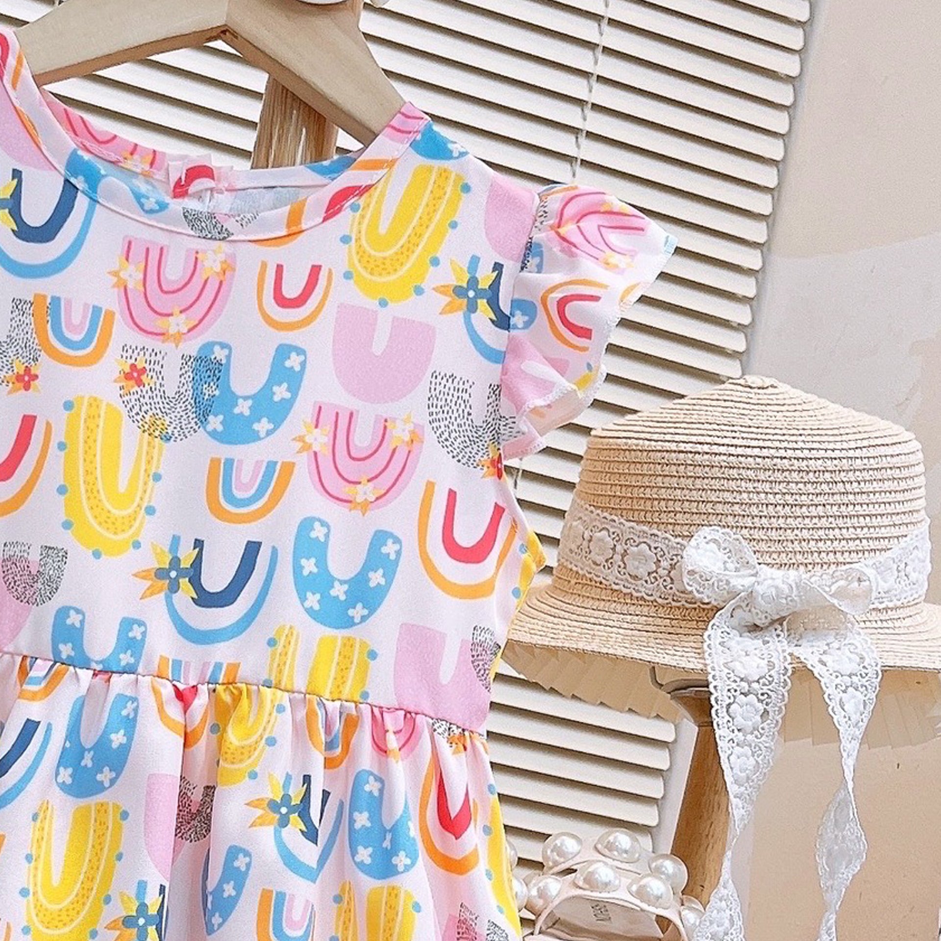 Girls Printed Flutter Sleeve Fit & Flare Midi Dress