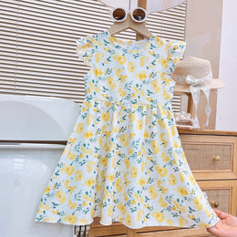 Girls Floral Print Flutter Sleeve Fit & Flare Midi Dress