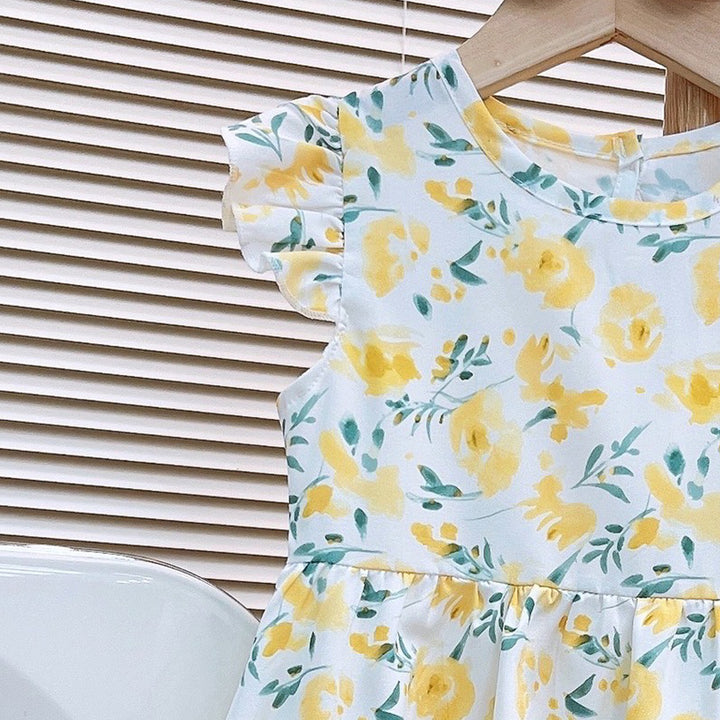 Girls Floral Print Flutter Sleeve Fit & Flare Midi Dress