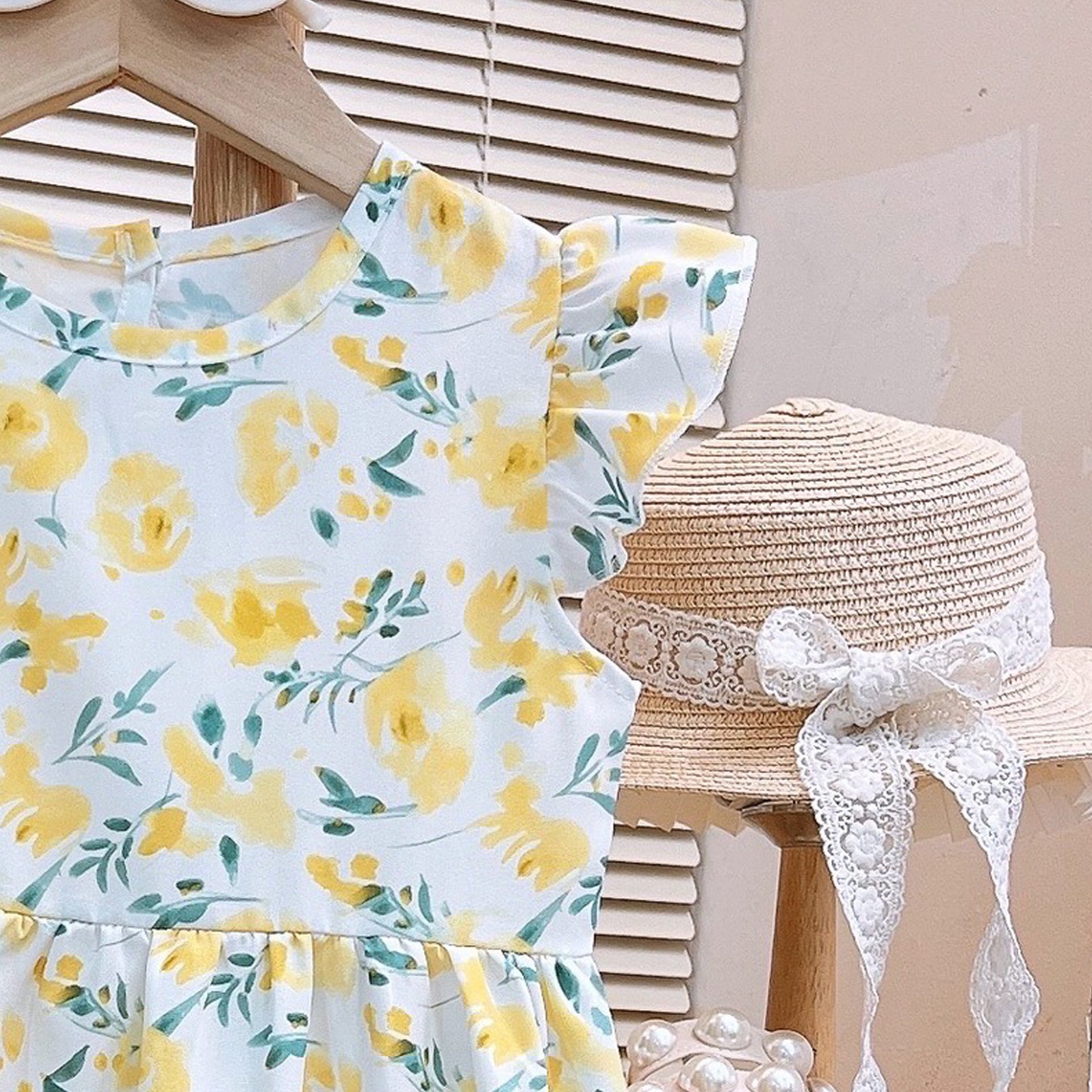 Girls Floral Print Flutter Sleeve Fit & Flare Midi Dress