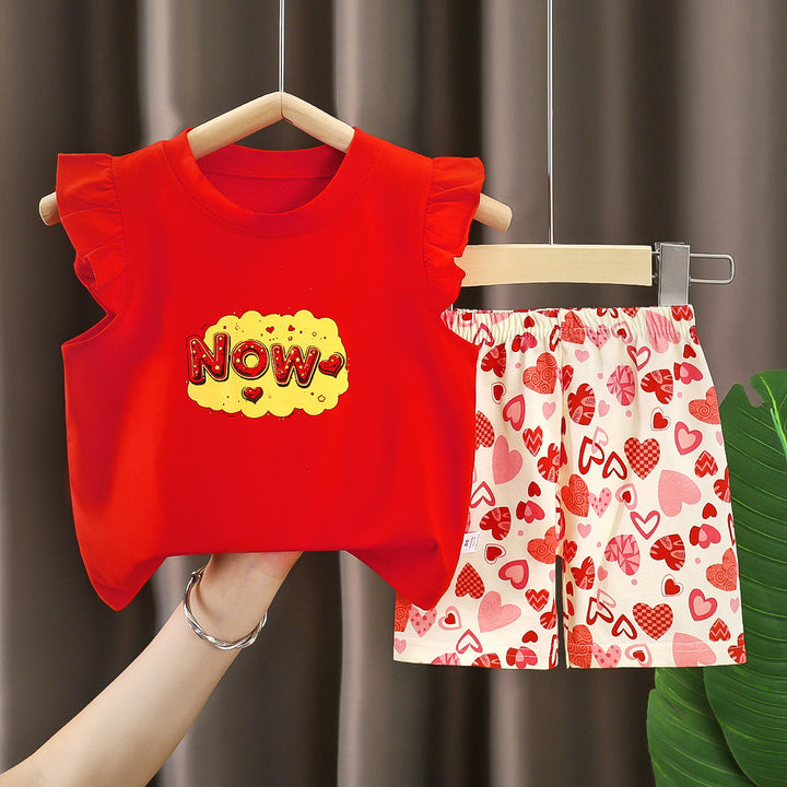 Girls Printed Short Sleeves Pure Cotton T-shirt With Shorts