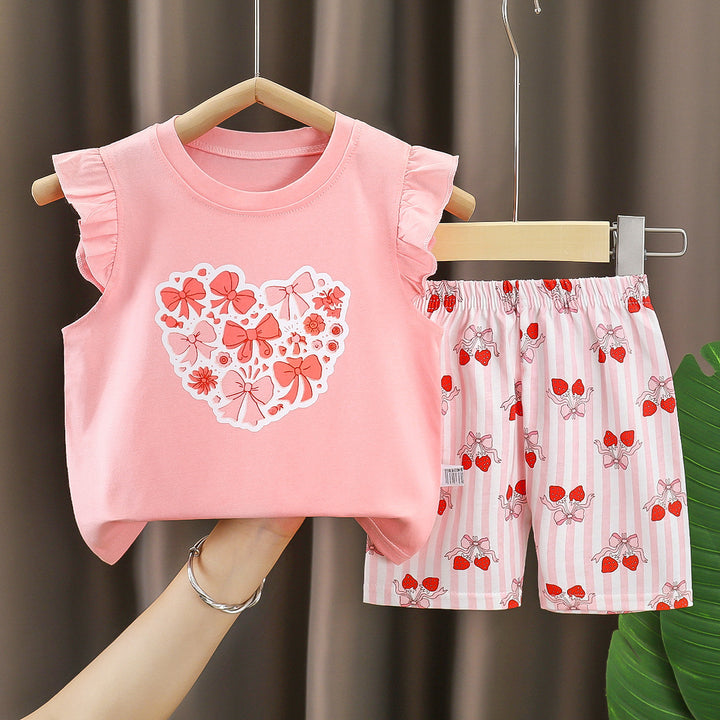 Girls Printed Short Sleeves Pure Cotton T-shirt With Shorts
