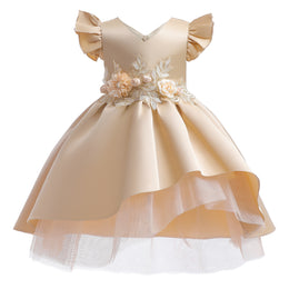 Girls Champagne Floral Embellished Flutter Sleeves Balloon Dress