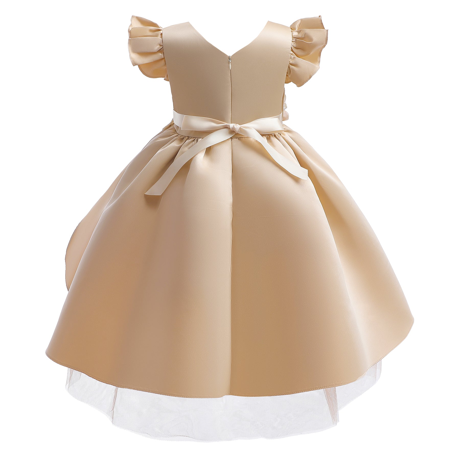 Girls Champagne Floral Embellished Flutter Sleeves Balloon Dress