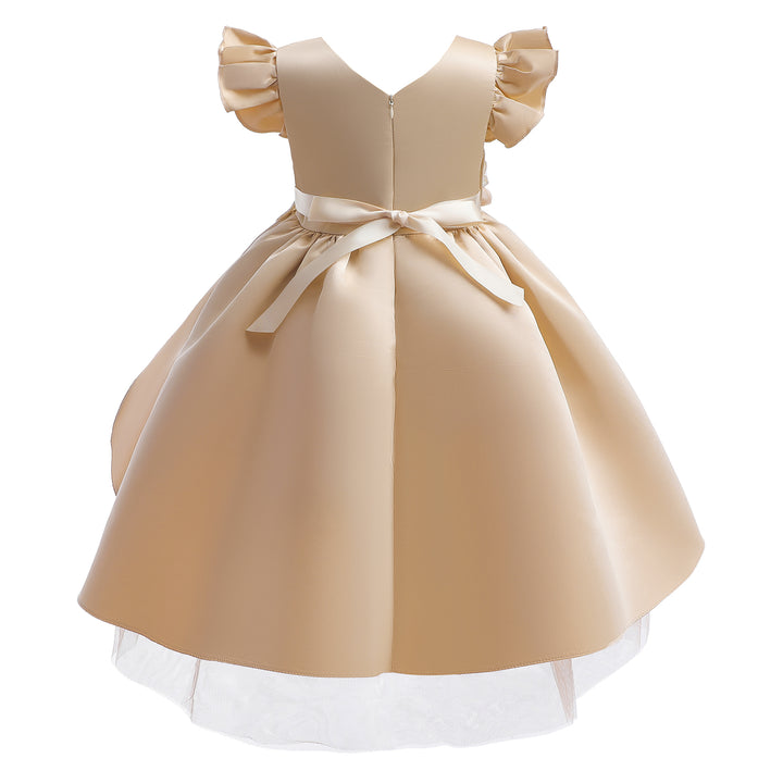 Girls Champagne Floral Embellished Flutter Sleeves Balloon Dress