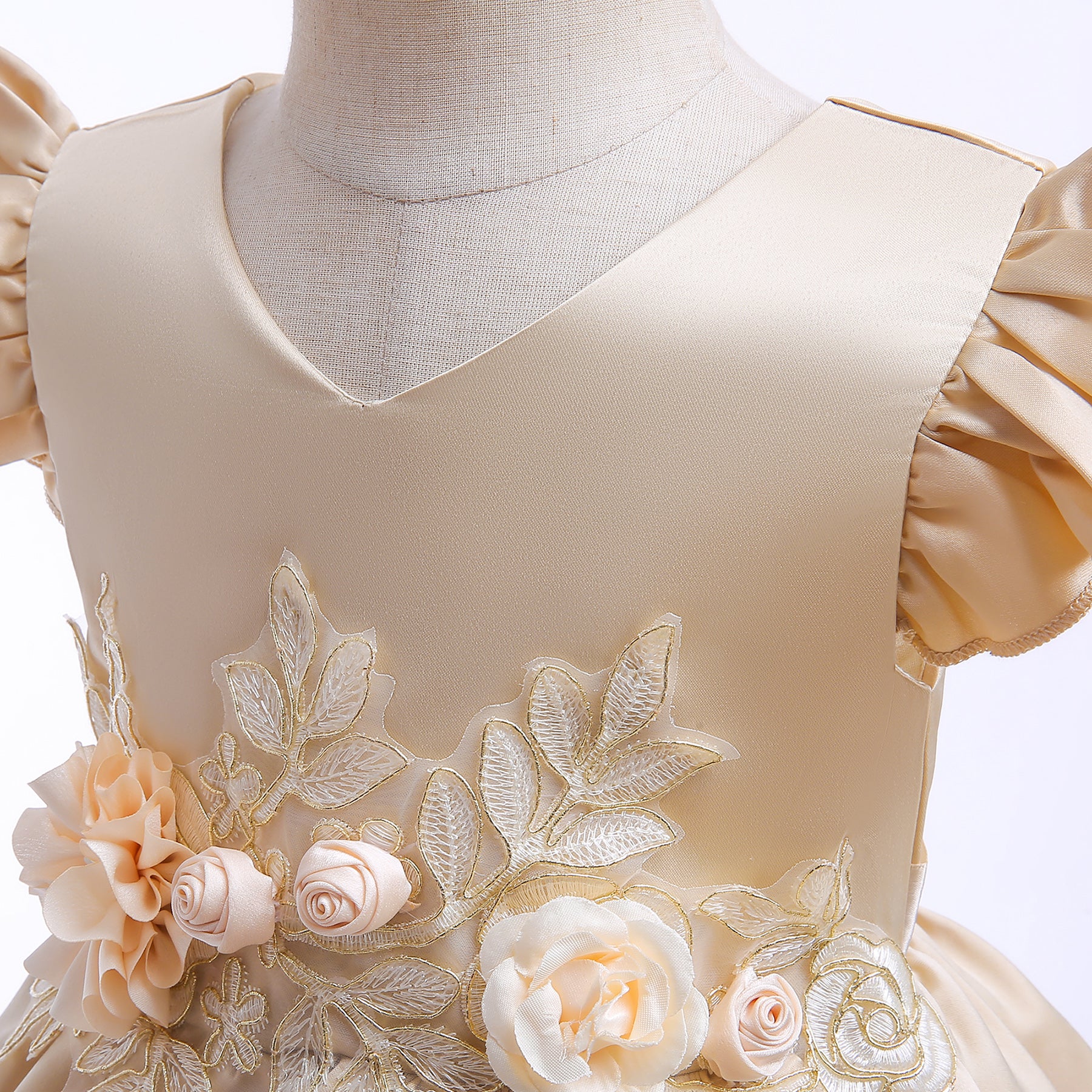 Girls Champagne Floral Embellished Flutter Sleeves Balloon Dress