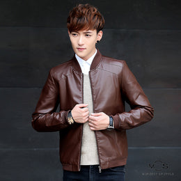 Men Mandarin Collar Insulator Leather Jacket