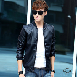 Men Mandarin Collar Insulator Leather Jacket