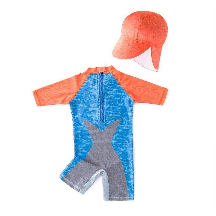 Orange & Grey Boys Printed Legsuit With Cap