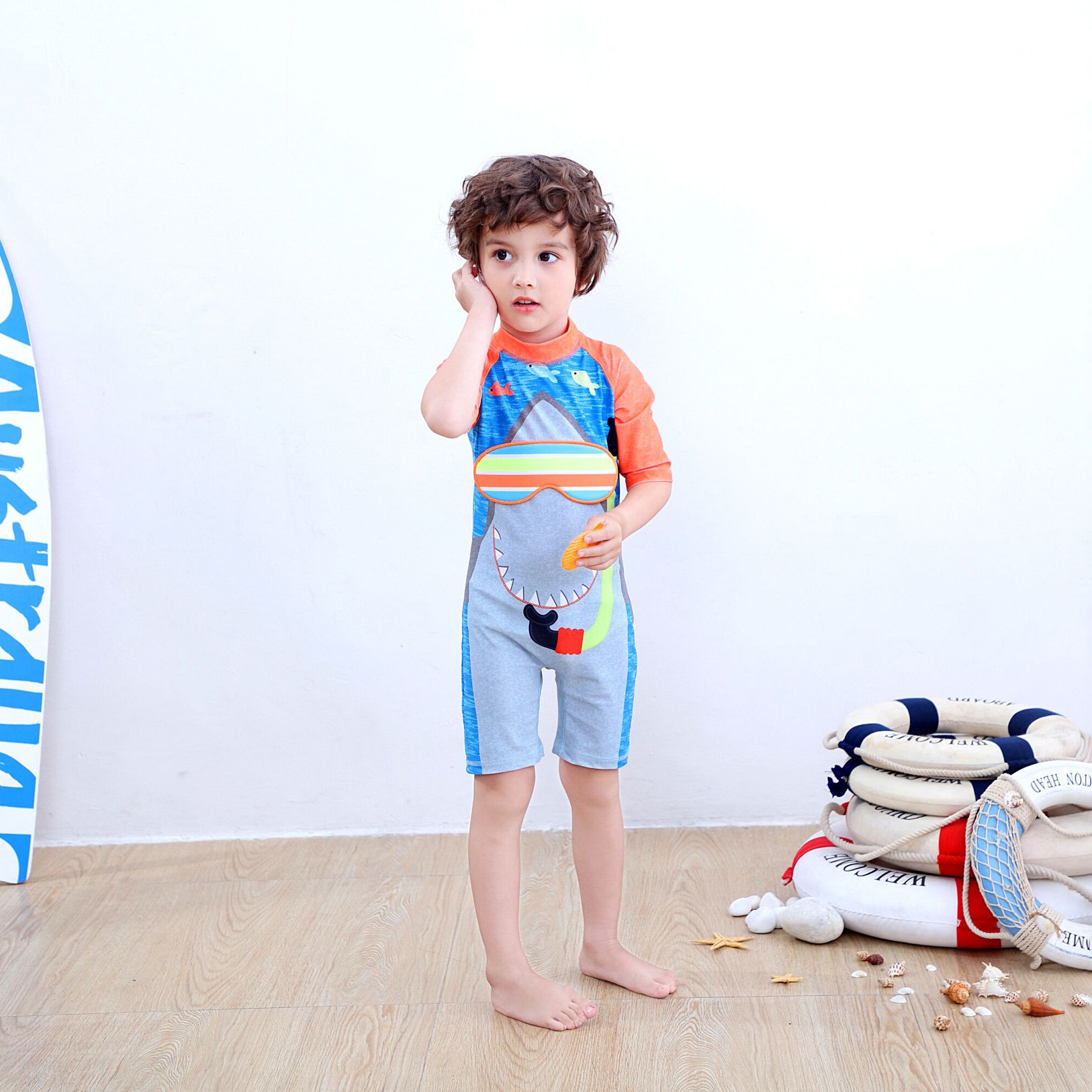 Orange & Grey Boys Printed Legsuit With Cap