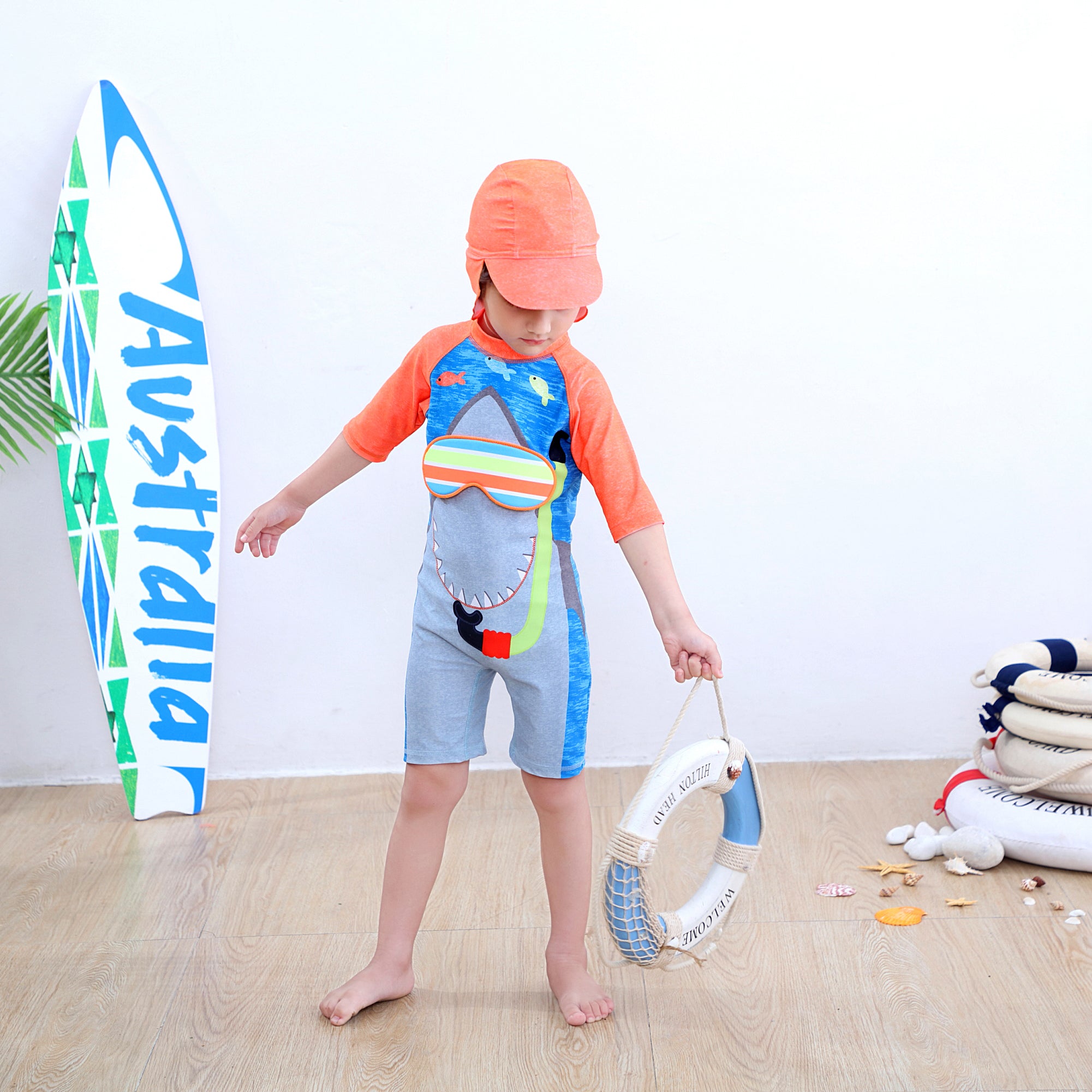 Orange & Grey Boys Printed Legsuit With Cap
