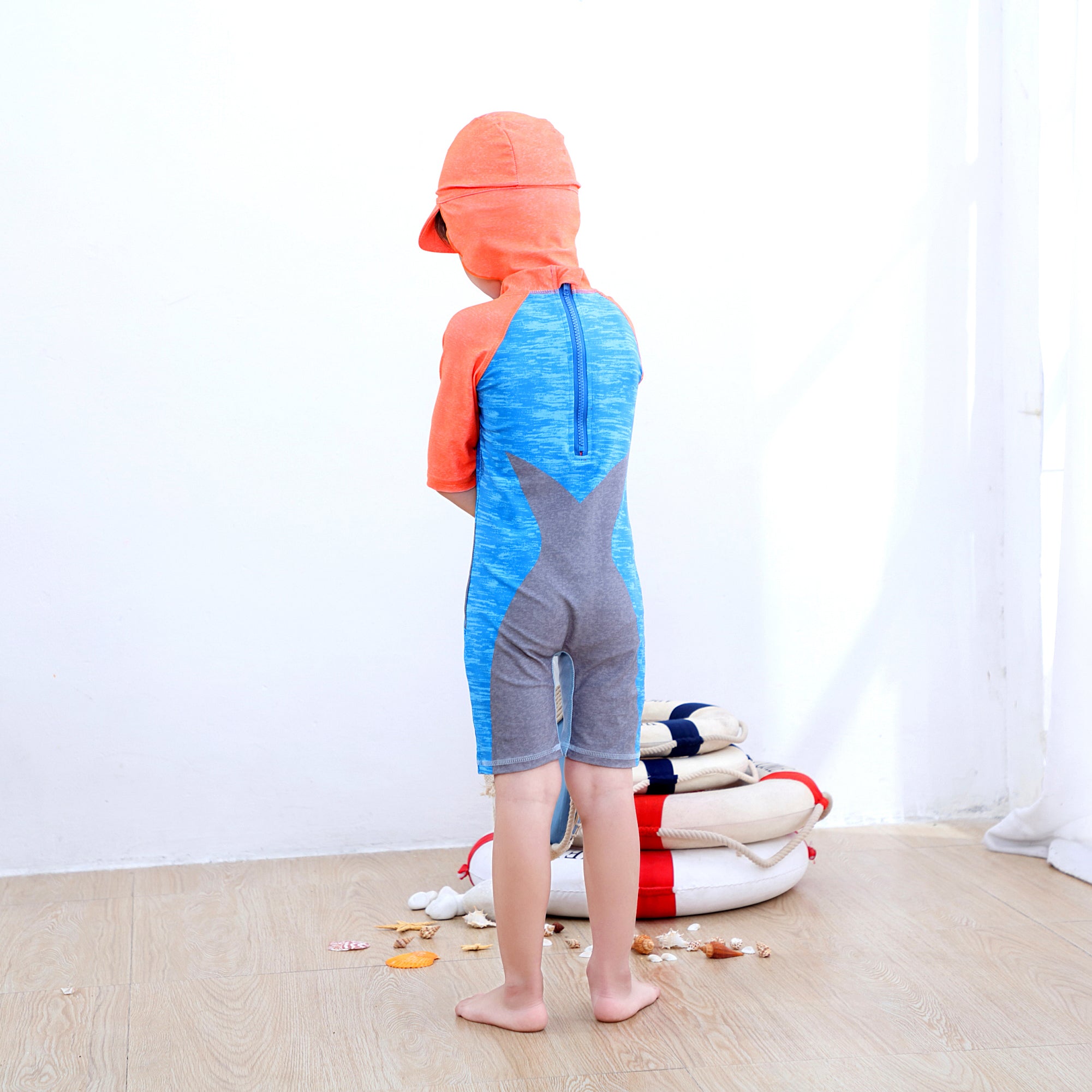Orange & Grey Boys Printed Legsuit With Cap