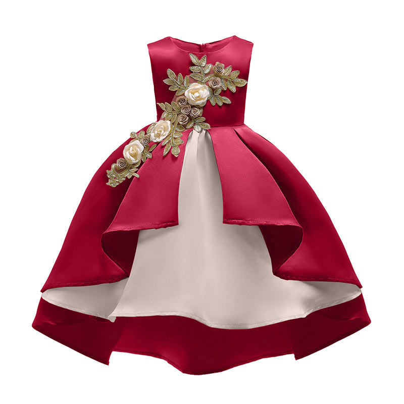 Red & dark scarlet Floral Embroidered Applique Maxi Dress