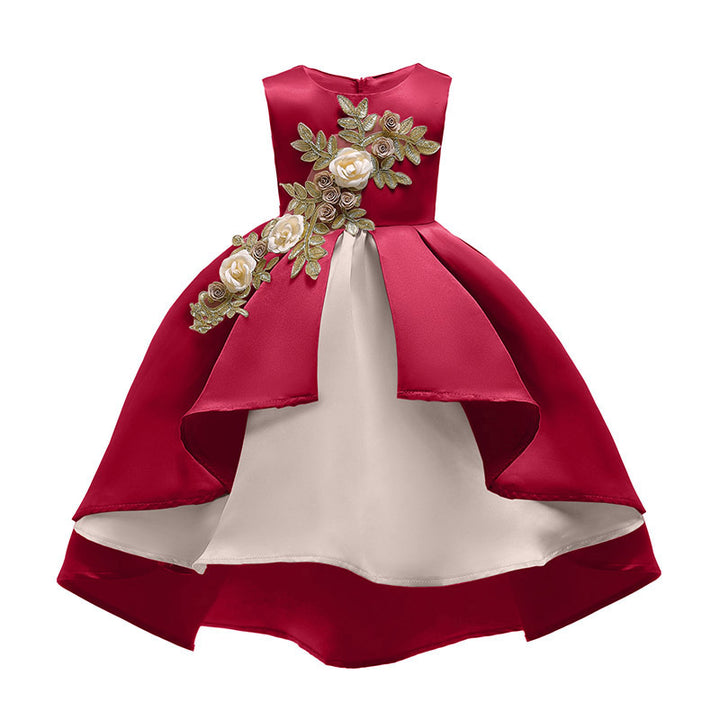 Red & dark scarlet Floral Embroidered Applique Maxi Dress