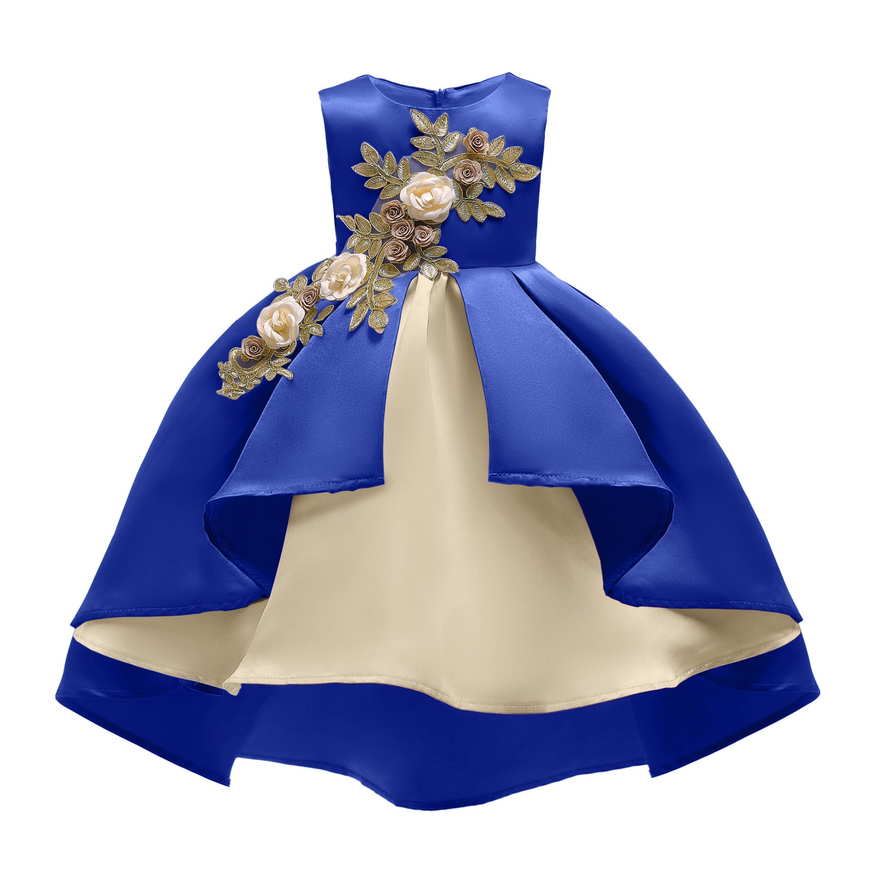Girls Blue & Off White Colourblocked Applique Cotton Maxi Party Dress