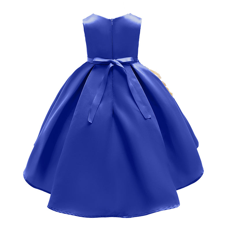 Girls Blue & Off White Colourblocked Applique Cotton Maxi Party Dress