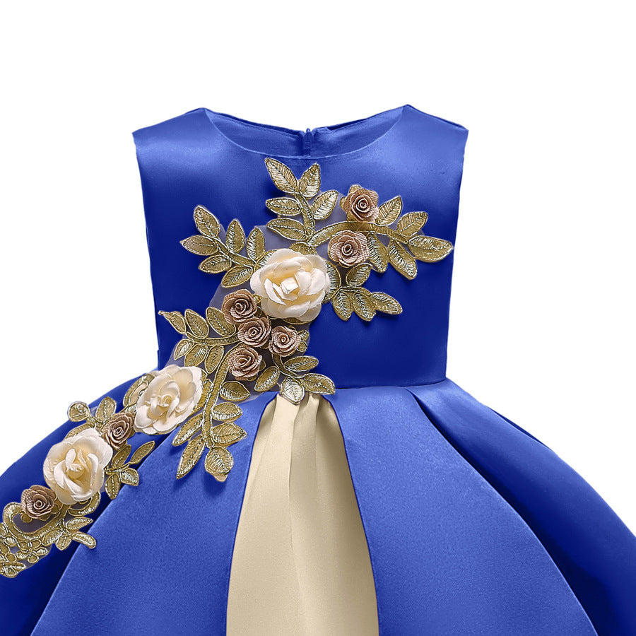 Girls Blue & Off White Colourblocked Applique Cotton Maxi Party Dress