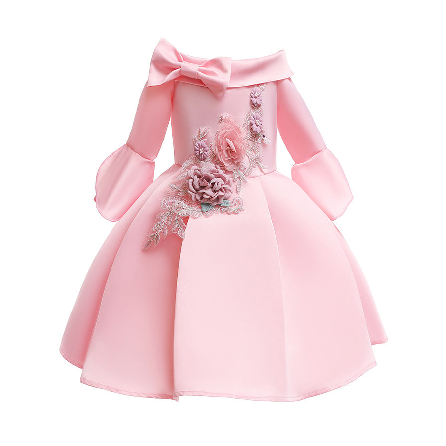 Girls Pink Floral Embroidered Bell Sleeves Pleated Cotton Balloon Dress