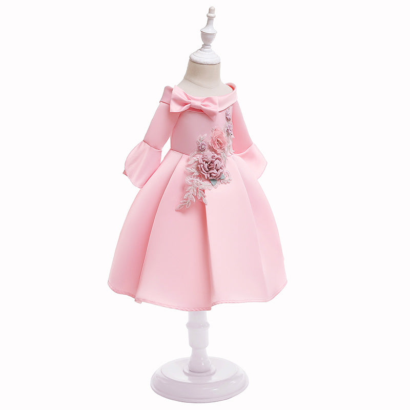Girls Pink Floral Embroidered Bell Sleeves Pleated Cotton Balloon Dress