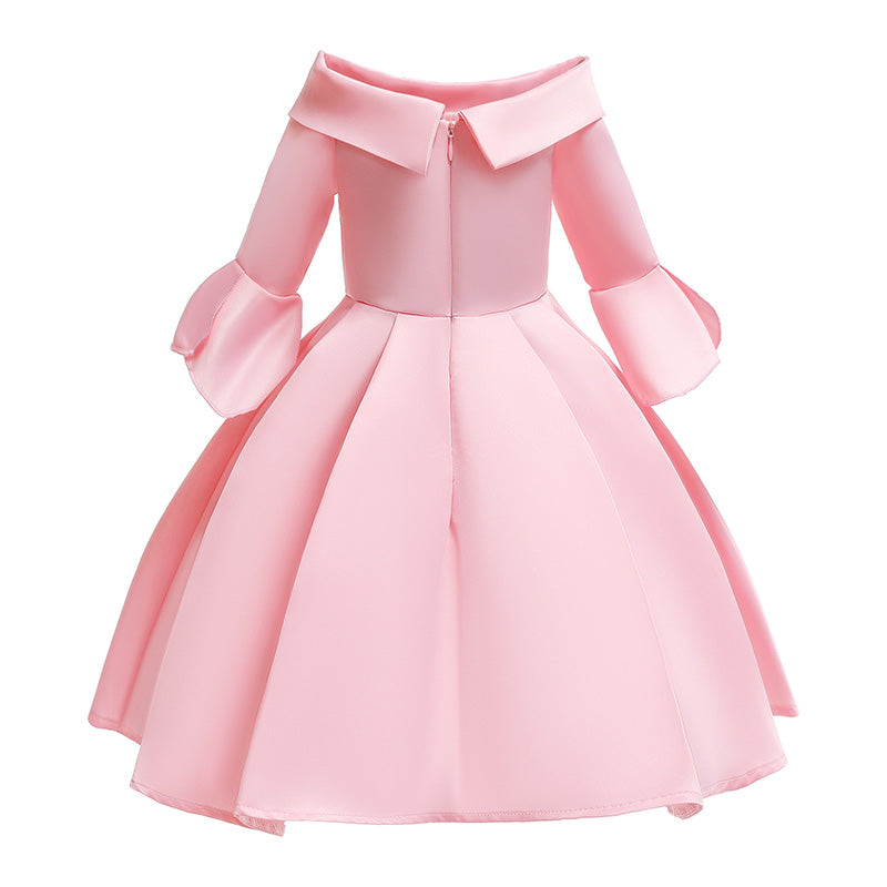 Girls Pink Floral Embroidered Bell Sleeves Pleated Cotton Balloon Dress