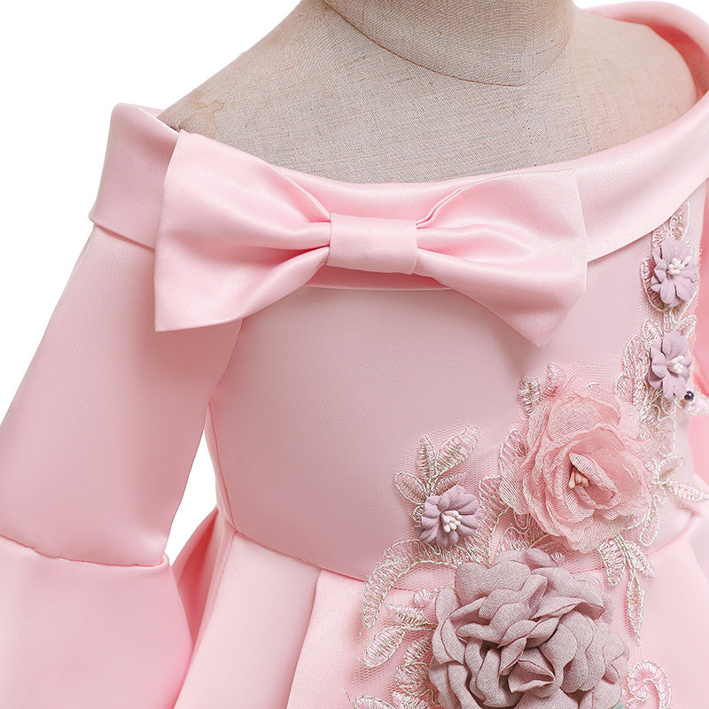Girls Pink Floral Embroidered Bell Sleeves Pleated Cotton Balloon Dress