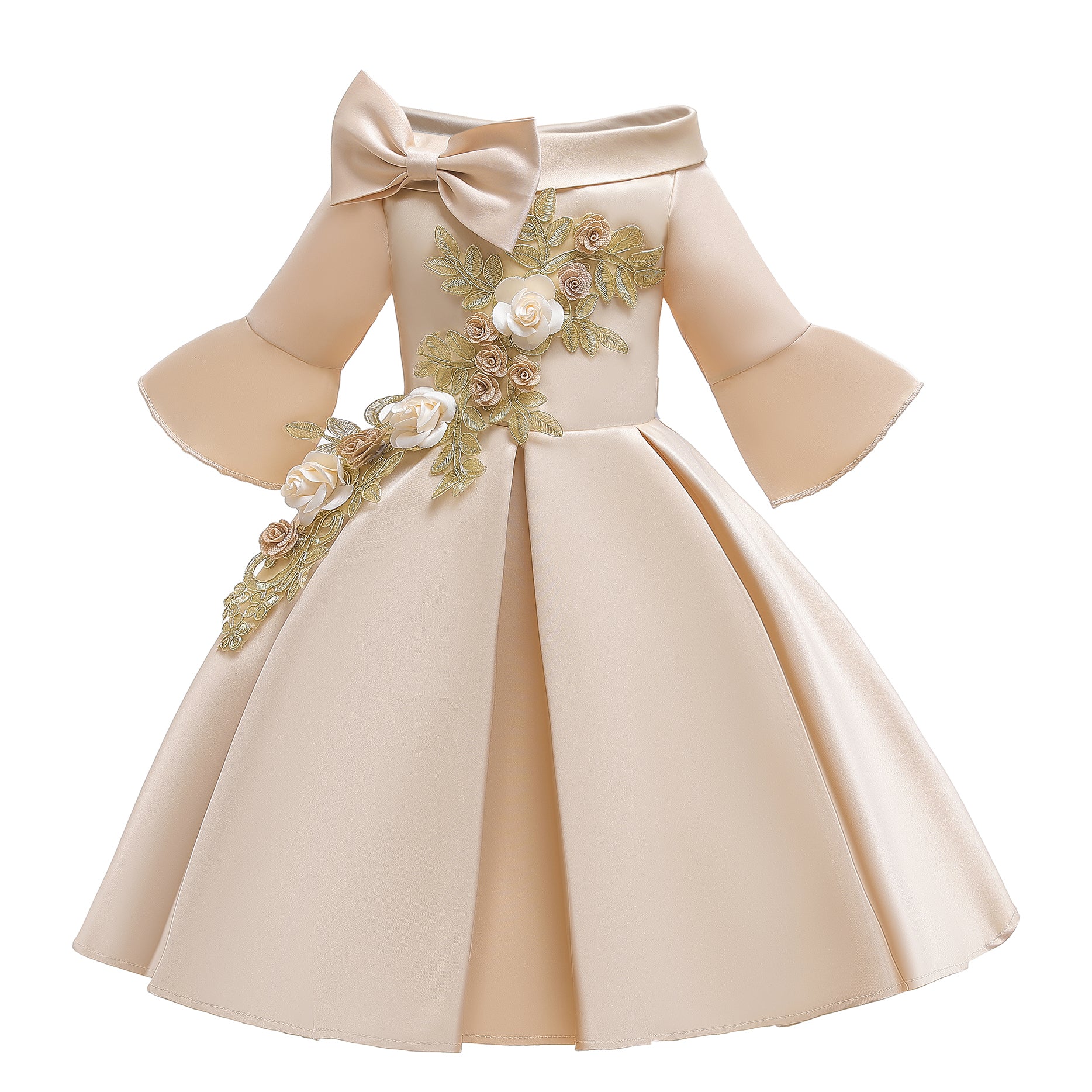 Girls Champagne Floral Embroidered Bell Sleeves Pleated Balloon Dress