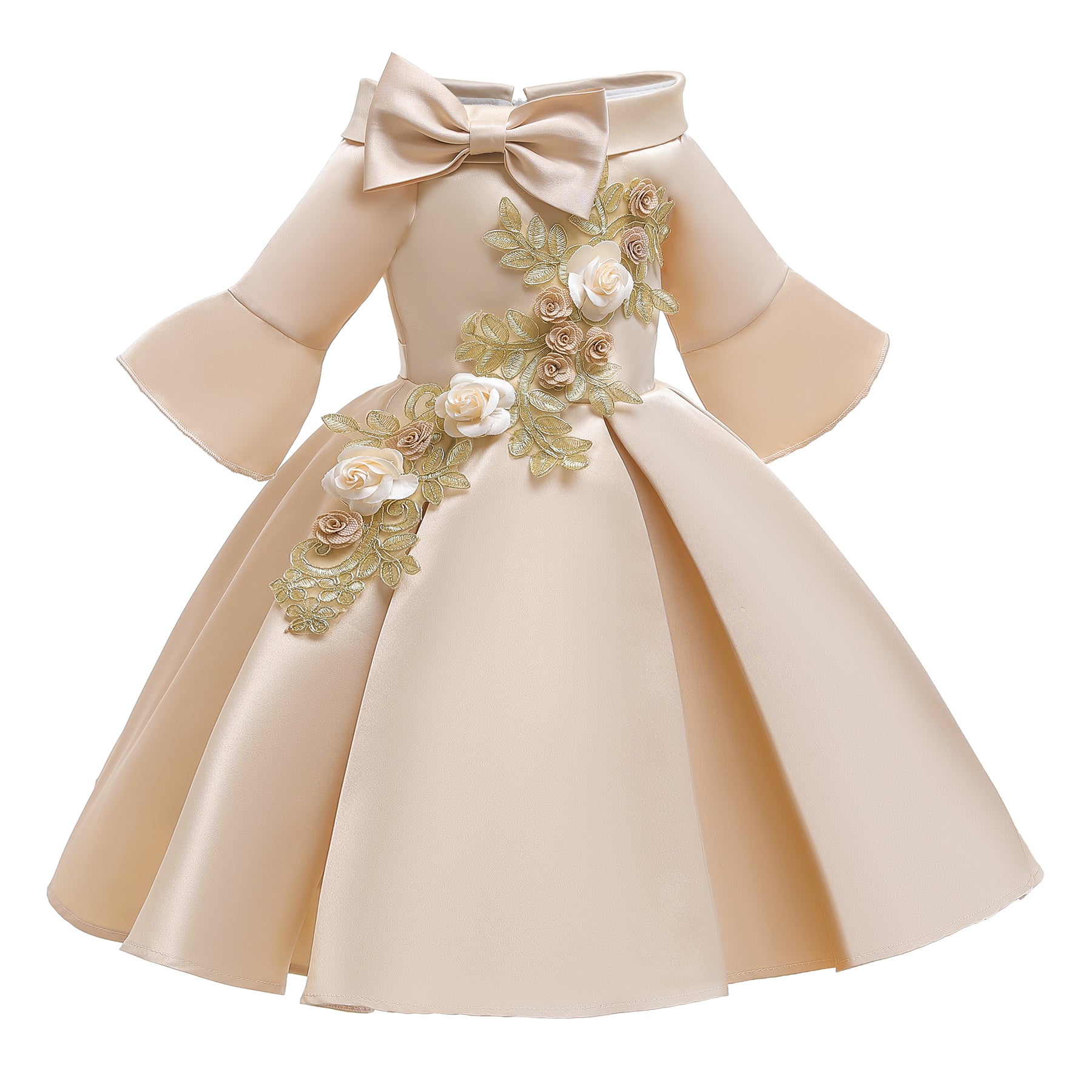 Girls Champagne Floral Embroidered Bell Sleeves Pleated Balloon Dress
