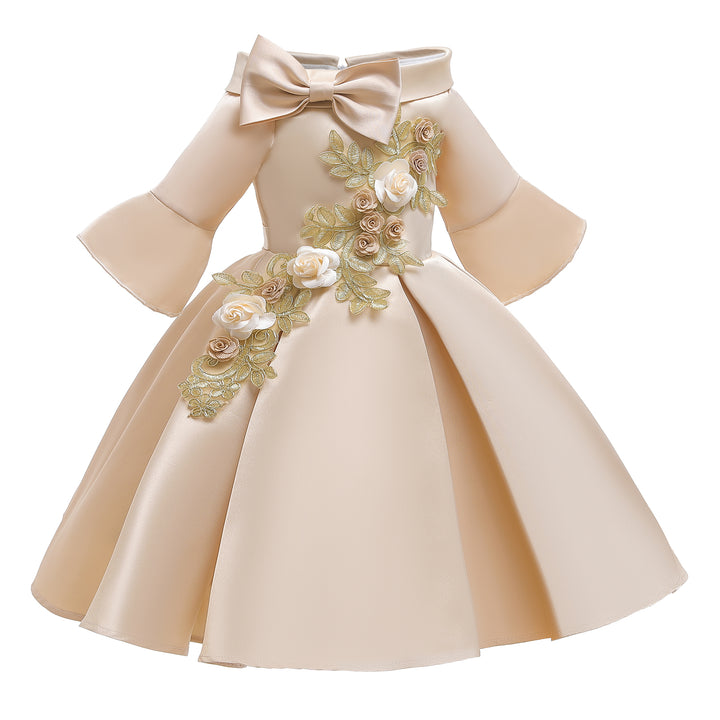 Girls Champagne Floral Embroidered Bell Sleeves Pleated Balloon Dress