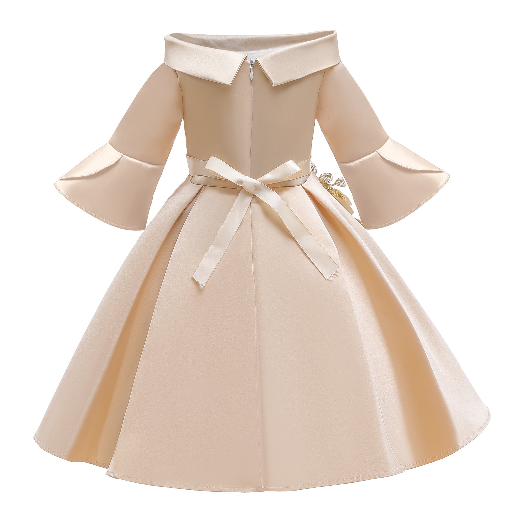 Girls Champagne Floral Embroidered Bell Sleeves Pleated Balloon Dress