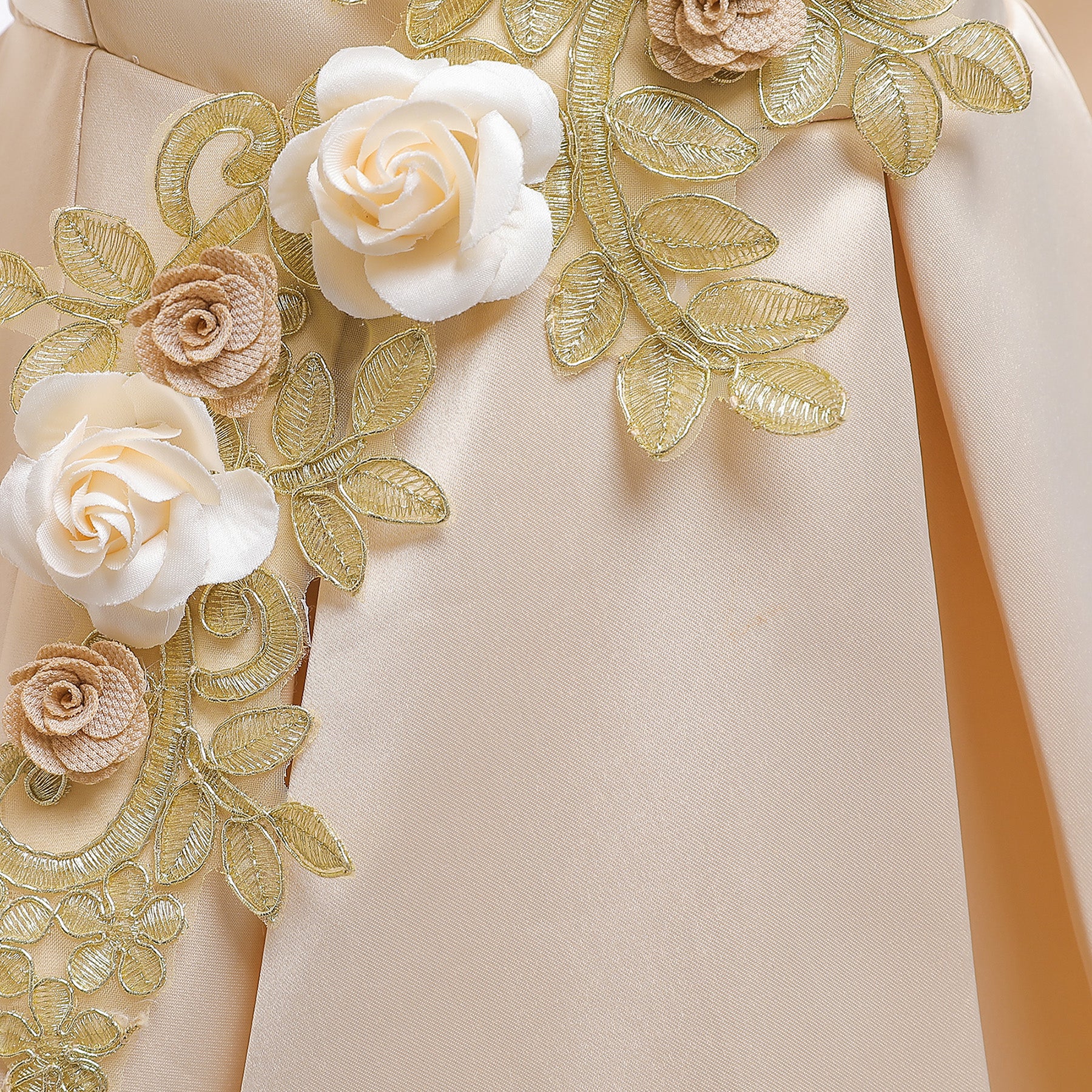 Girls Champagne Floral Embroidered Bell Sleeves Pleated Balloon Dress
