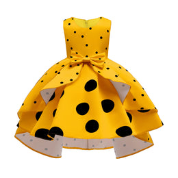 Girls Yellow Polka Dot Printed Layered Fit & Flare Dress