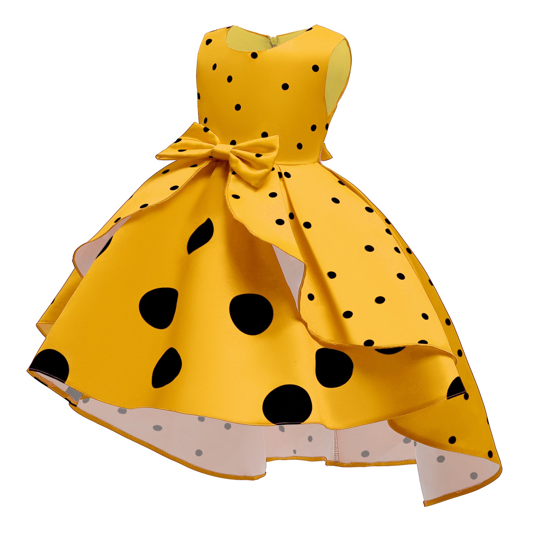 Girls Yellow Polka Dot Printed Layered Fit & Flare Dress