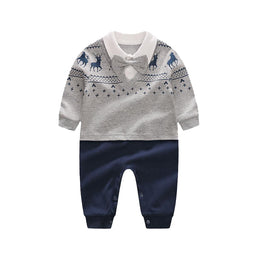 Infant Boys Grey Navy Blue Self Design Cotton Rompers