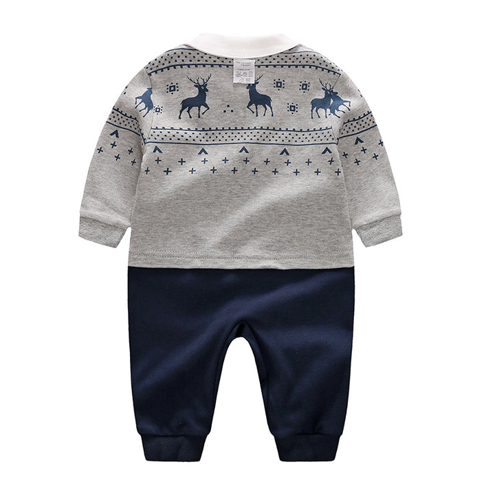 Infant Boys Grey Navy Blue Self Design Cotton Rompers
