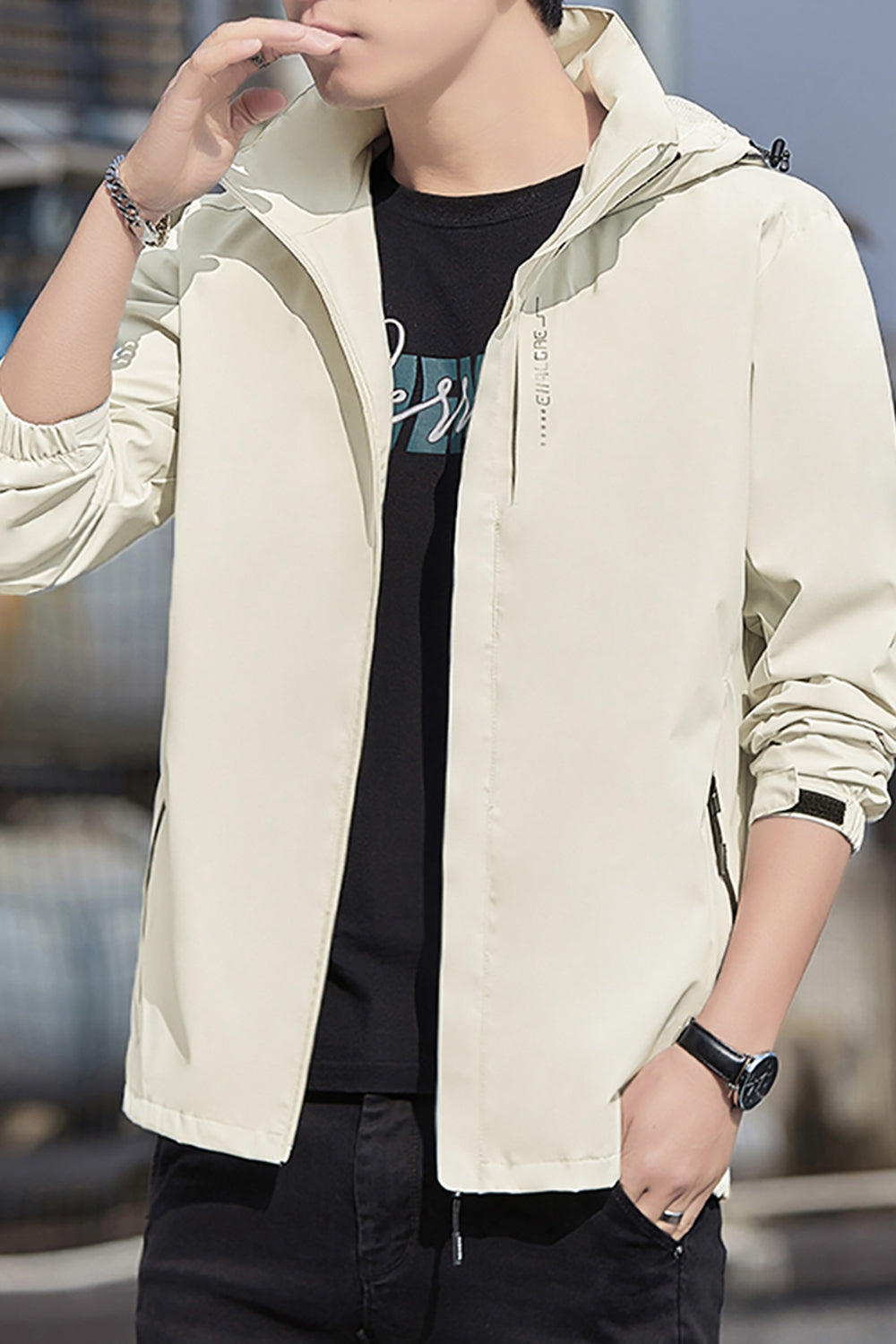 Men Open Front Hooded Jacket