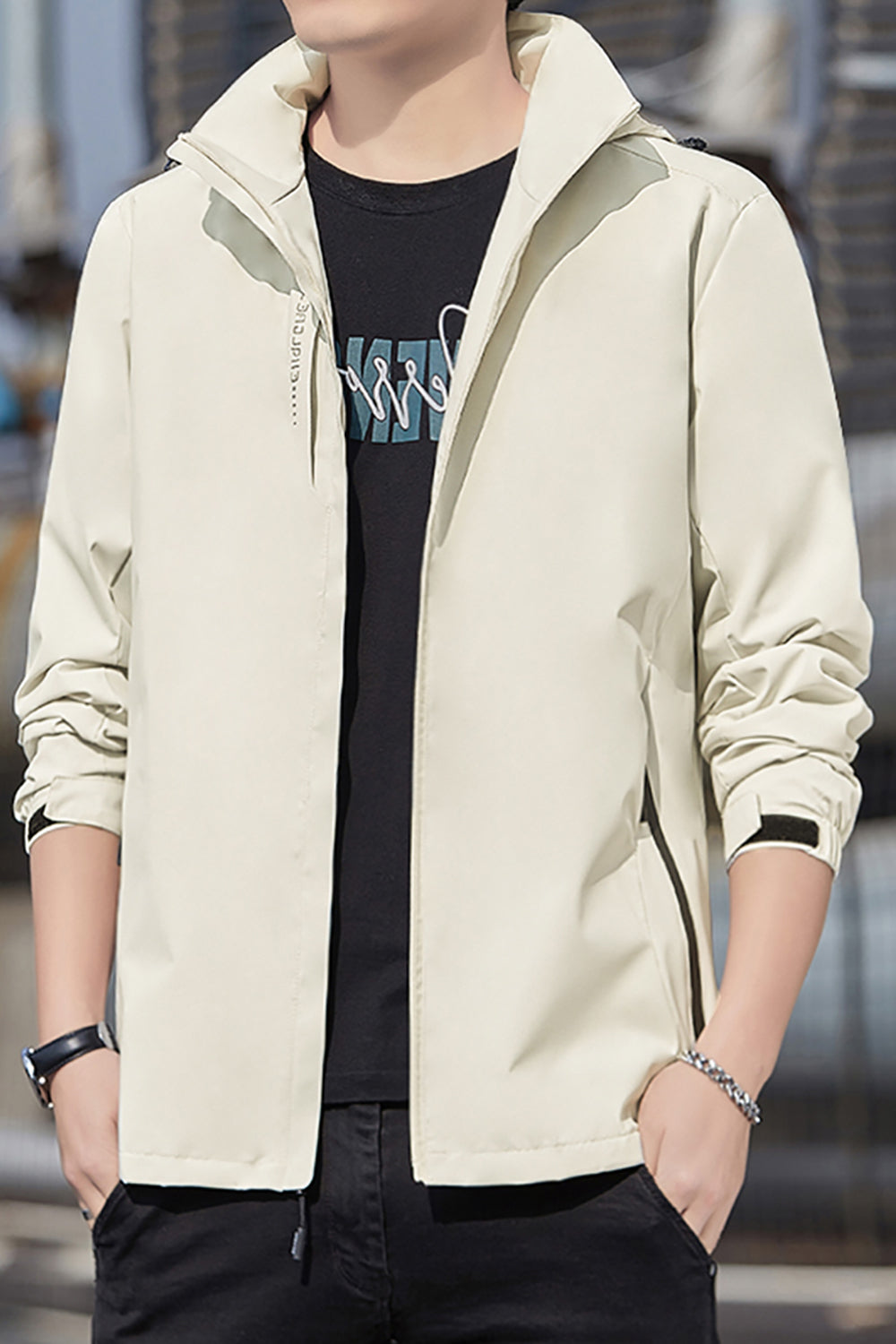 Men Open Front Hooded Jacket
