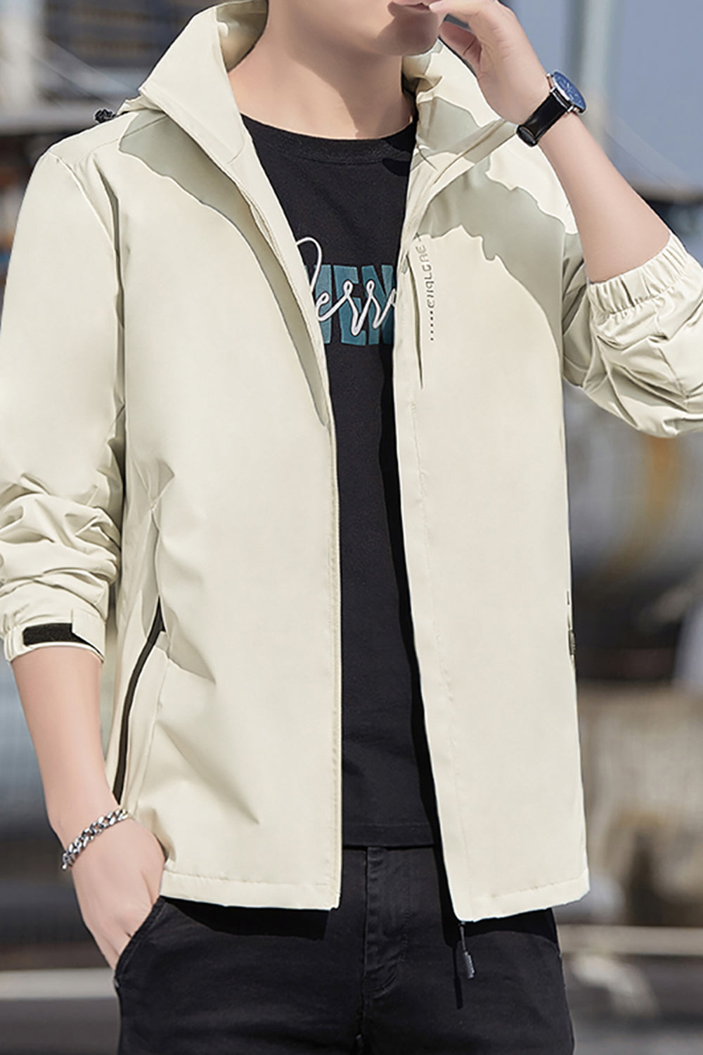 Men Open Front Hooded Jacket