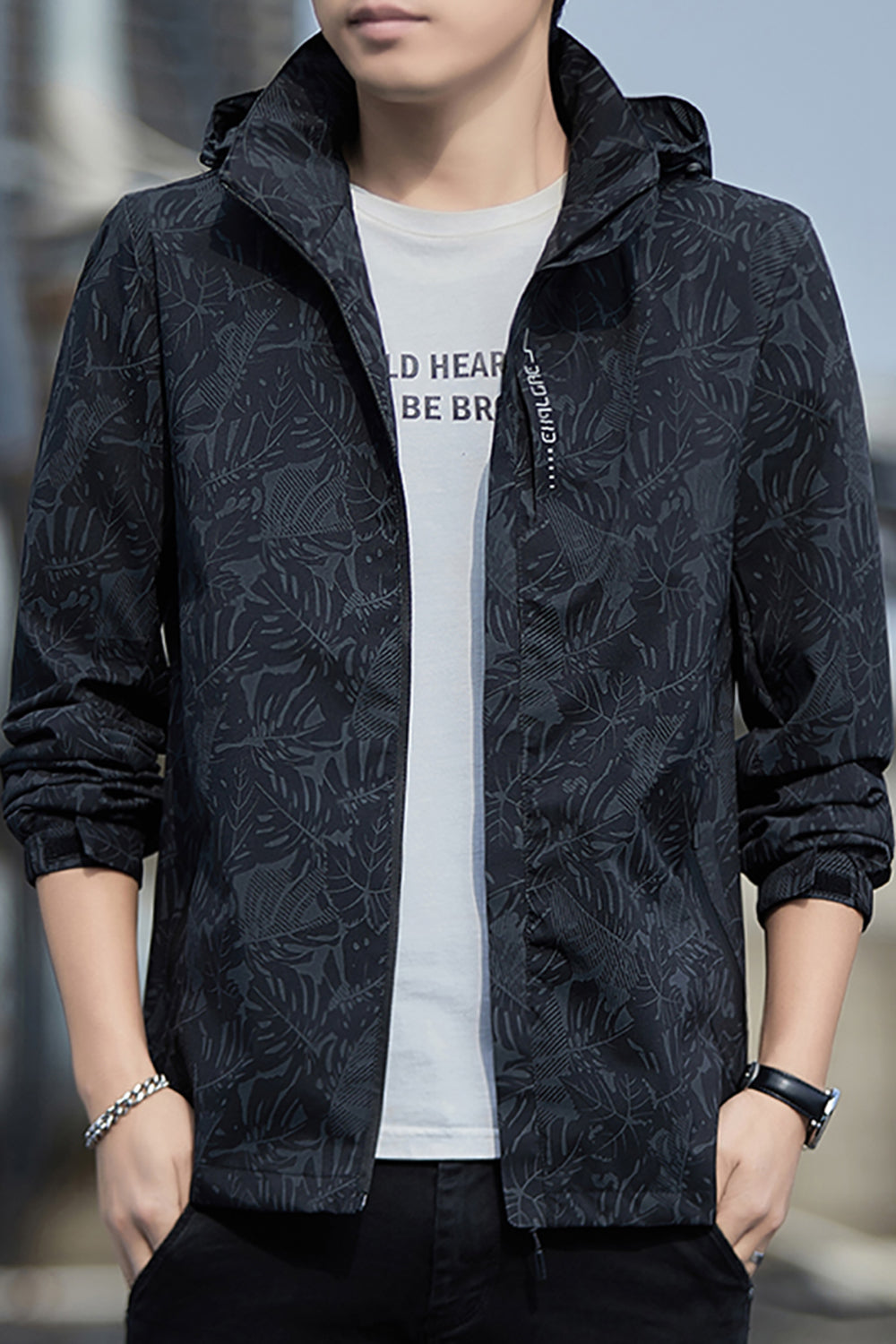Men Printed Open Front Hooded Jacket
