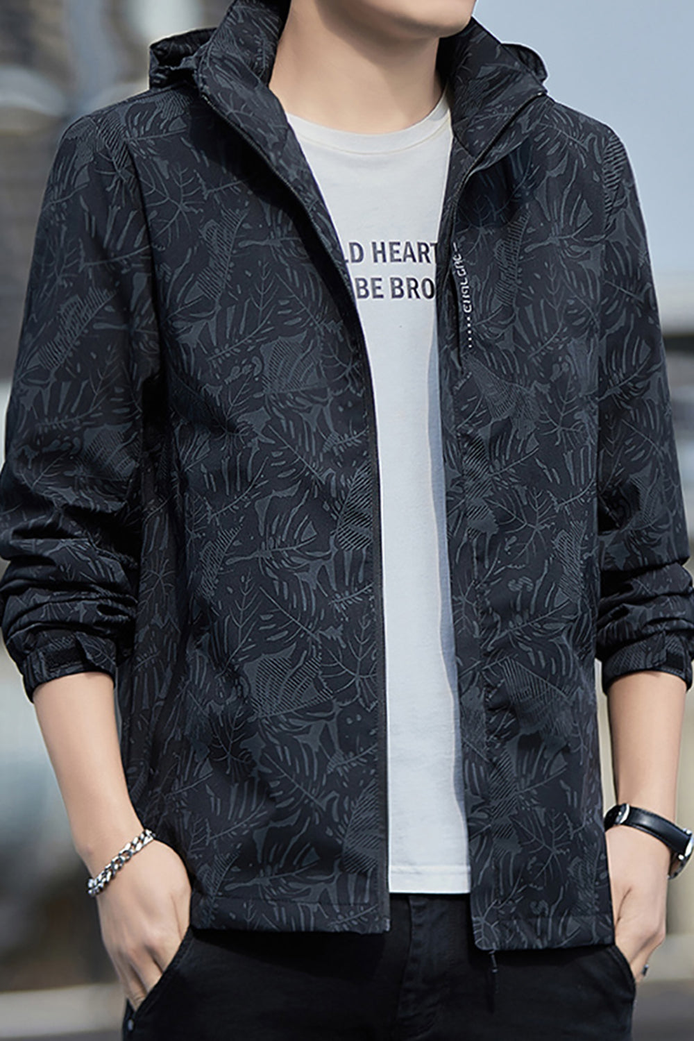 Men Printed Open Front Hooded Jacket