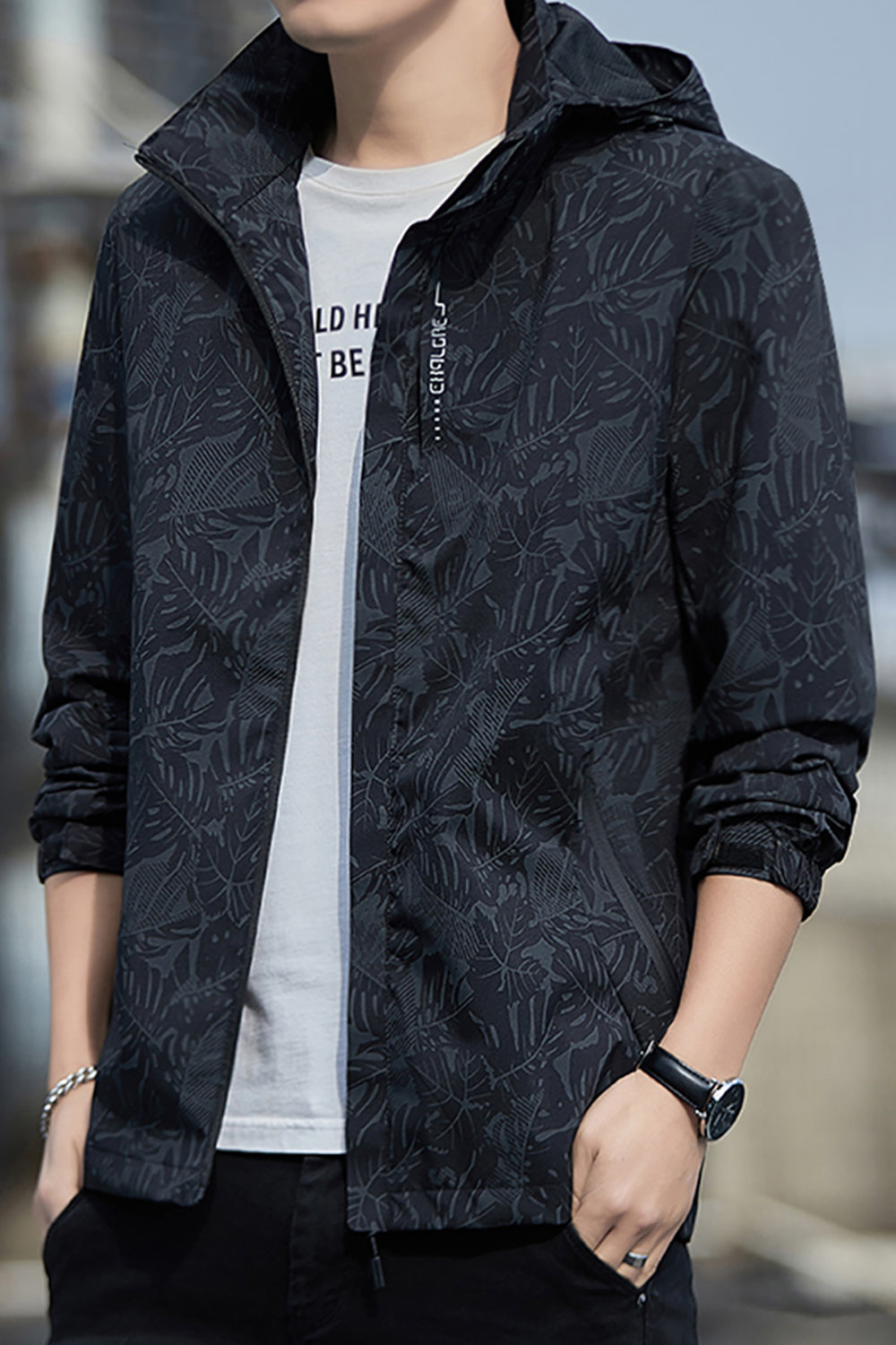 Men Printed Open Front Hooded Jacket