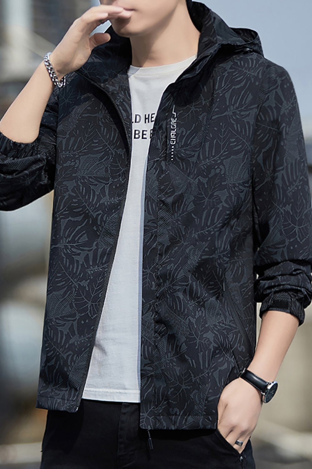Men Printed Open Front Hooded Jacket
