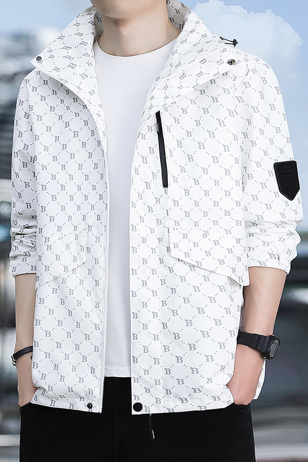 Men Printed Open Front Hooded Jacket