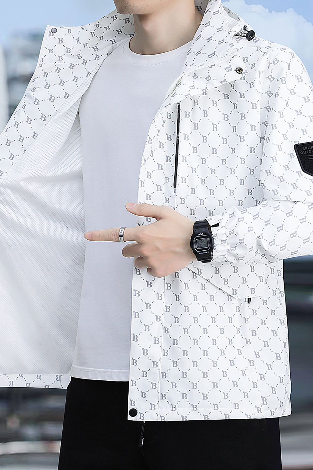 Men Printed Open Front Hooded Jacket
