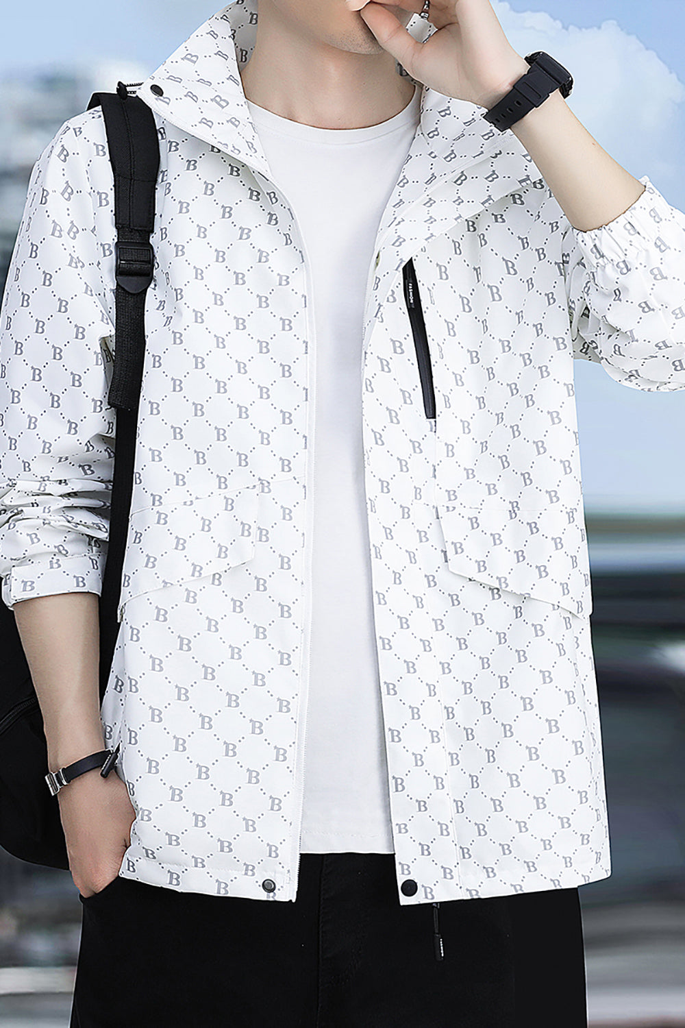 Men Printed Open Front Hooded Jacket