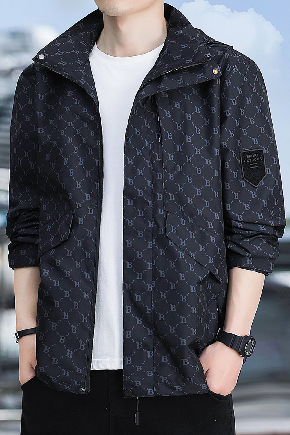 Men Brand Logo Printed Hooded Jacket