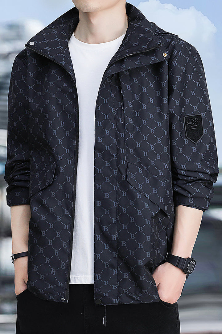 Men Brand Logo Printed Hooded Jacket