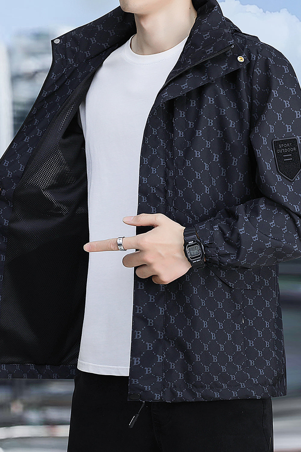Men Brand Logo Printed Hooded Jacket